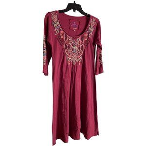 JOHNNY WAS Embroidered Dress Cotton Maroon Long Boho Dress Women’s Small